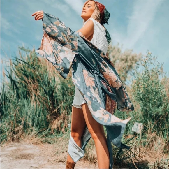 Boho Kimono Floral Bird Print Maxi Gypsy Coverup - Picture 6 of 10